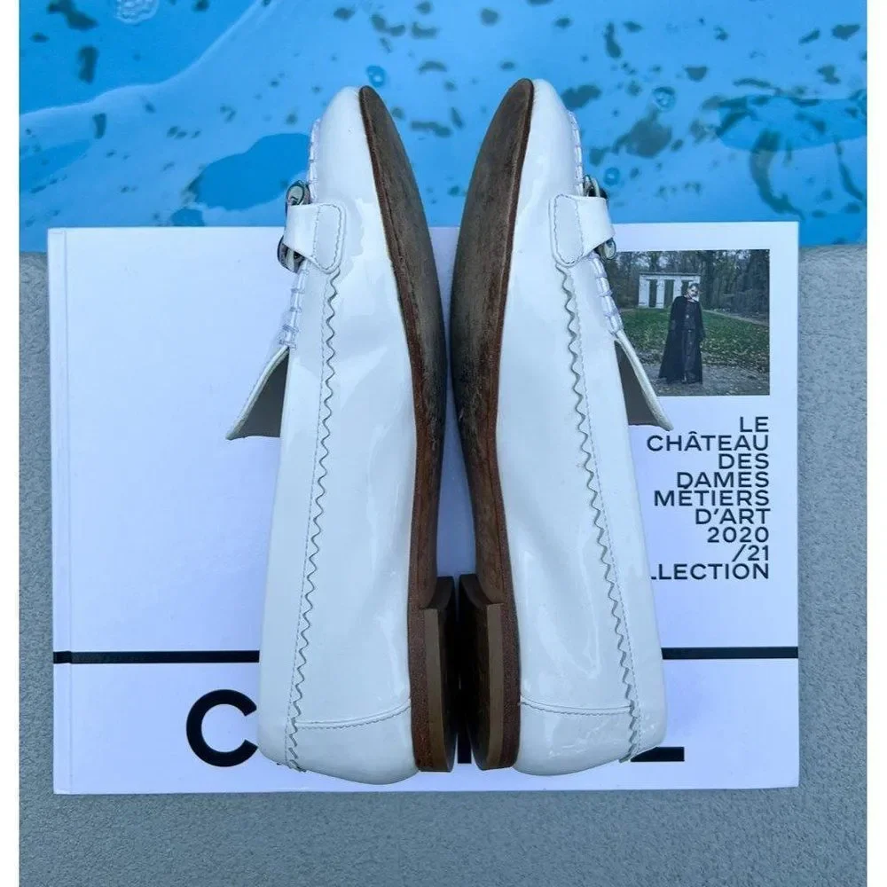 Authentic CHANEL Mocassin White Chain Link Leather CC Logo Loafers Size IT37 - Picture 7 of 14